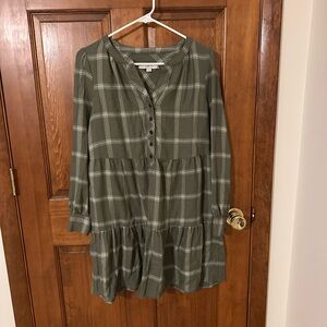 LOFT Green plaid Long Sleeve Dress